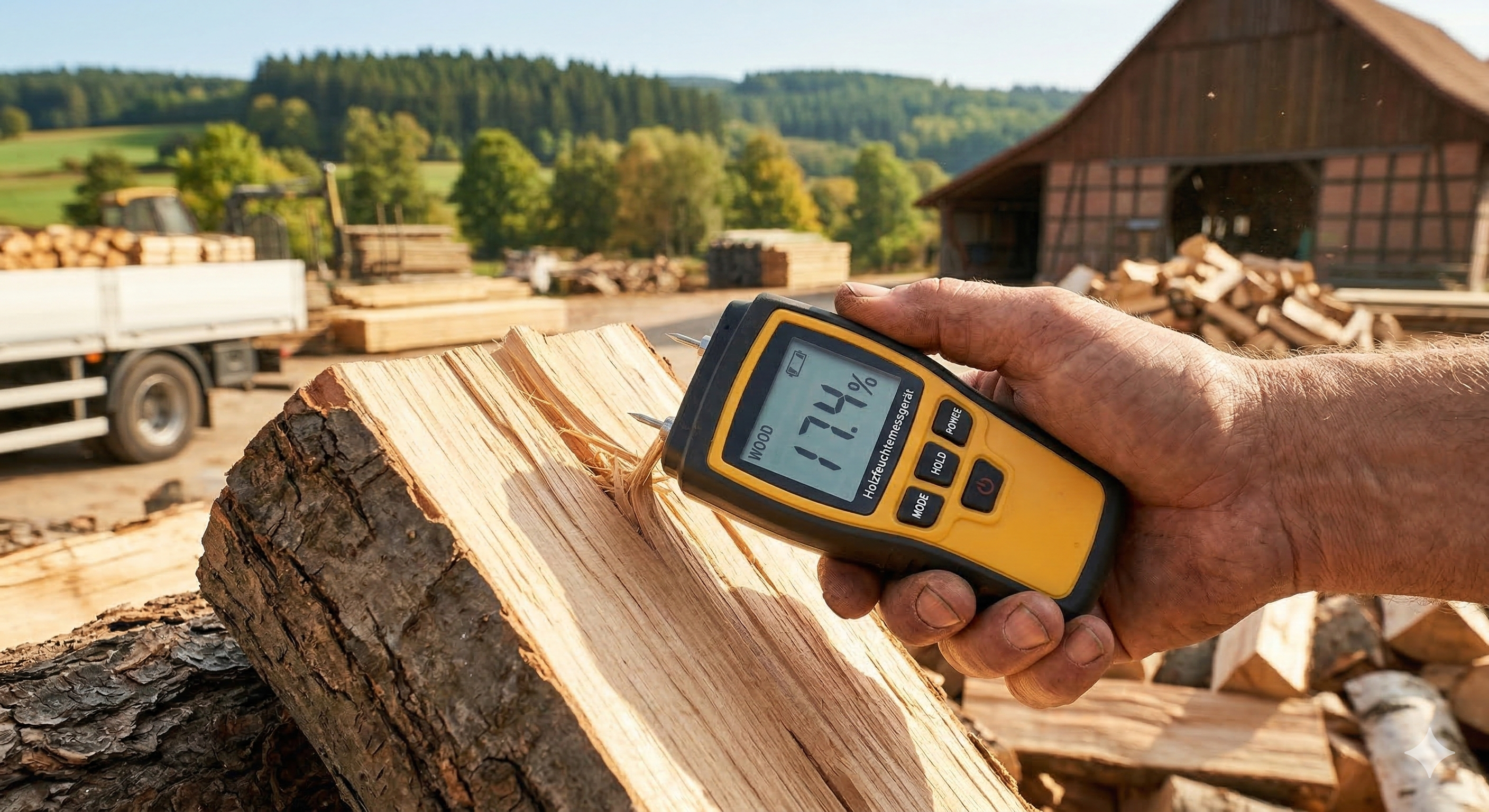 Professionelles Feuchtemessgerät an einem Holzscheit